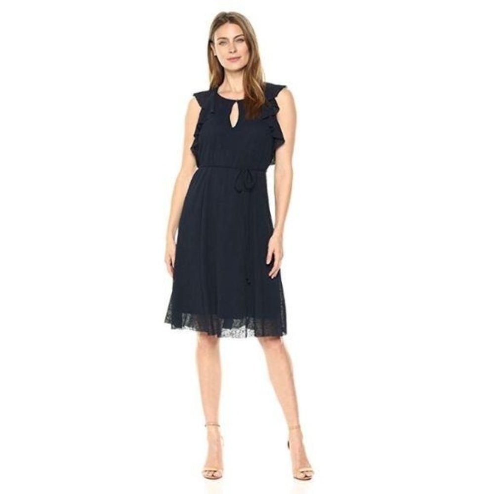 Ellen Tracy Sleeveless Ruffle Belted Gauze A-Line Lightweight Navy Dress Small 4